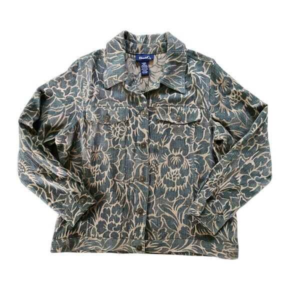 Denim & Co Olive Green Floral Print Tapestry Trucker Jacket Size L Boho Pockets - Picture 1 of 9